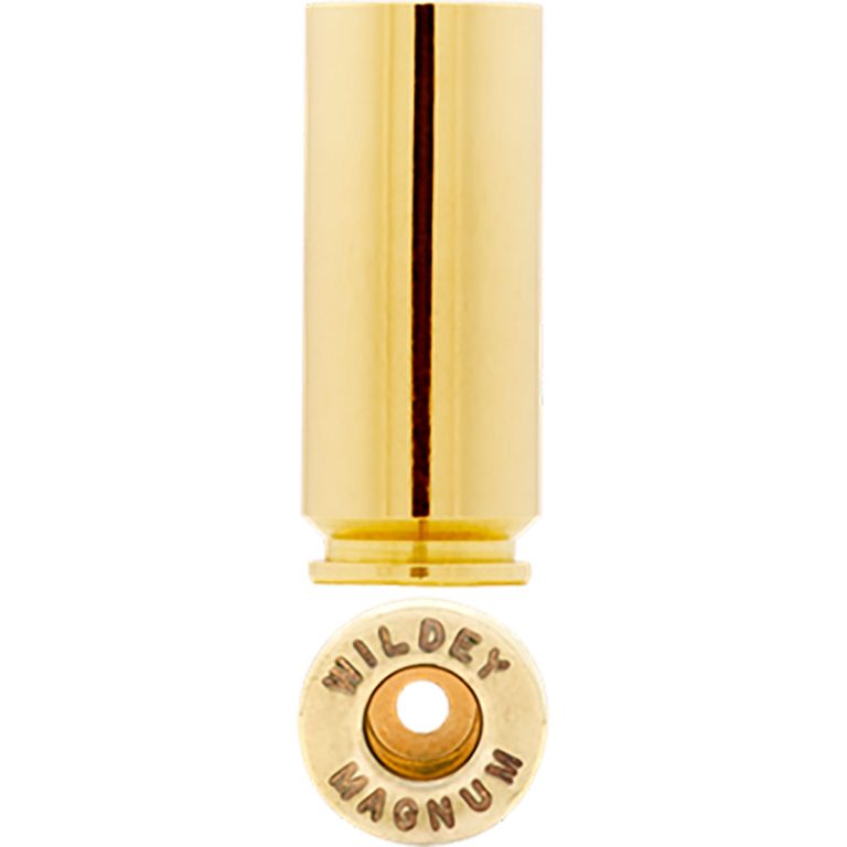 .475 Wildey Magnum brass cartridge showcasing polished finish and engraved headstamp, relevant to reloading supplies from ACME Bullet Company.