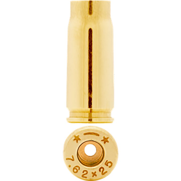 7.62x25 Tokarev brass casing featuring a polished finish and marked base, ideal for reloading ammunition.